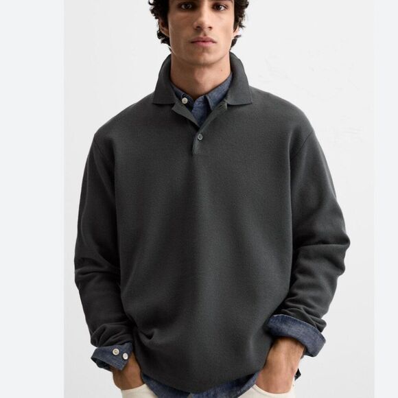 Zara Men Polo Shirt XL Gray Textured Long Sleeve Viscose Pullover 5536/310 NWT - Picture 1 of 10